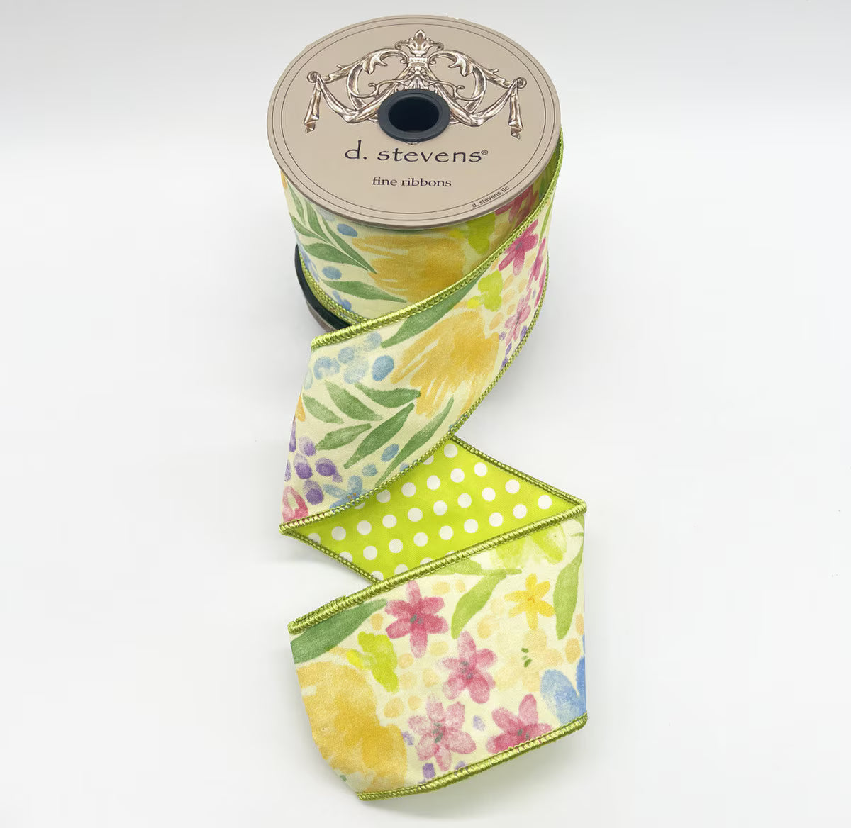 2.5” X 10YDS POPLIN WATERCOLOR MIX FLORAL POLKA DOT BACKING, LIME BLUE LAVENDER WIRED RIBBON - Burlap and Bling Decor