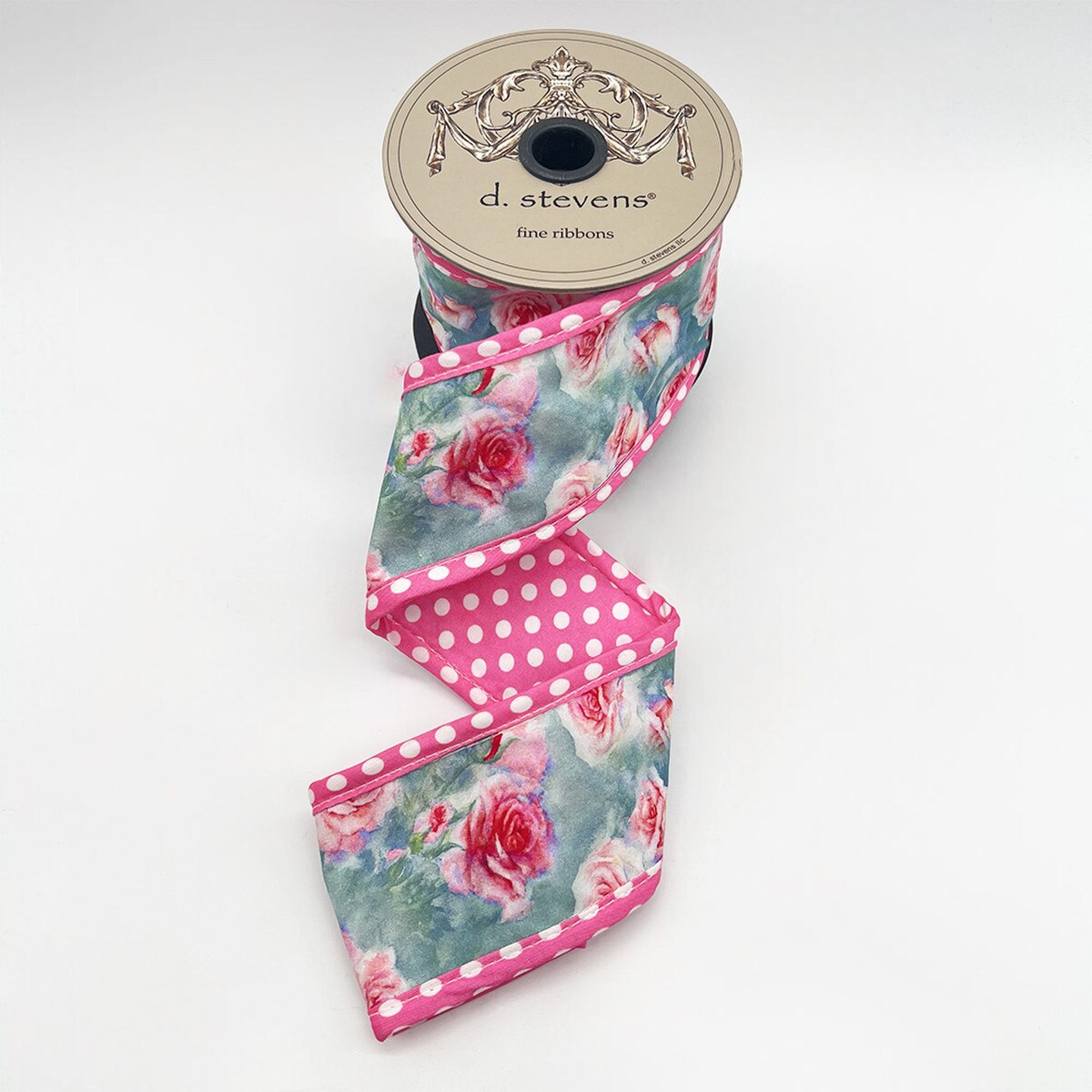2.5” X 5YDS POPLIN MIX ROSES POLKA DOT BACKING, PINK BLUE WIRED RIBBON - Burlap and Bling Decor