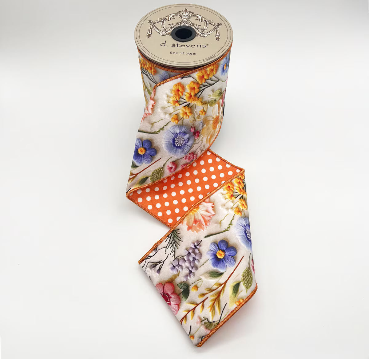 4” X 10YDS POPLIN MIX FLOWER COLLAGE POLKA DOT BACKING, ORANGE PINK BLUE WIRED RIBBON - Burlap and Bling Decor