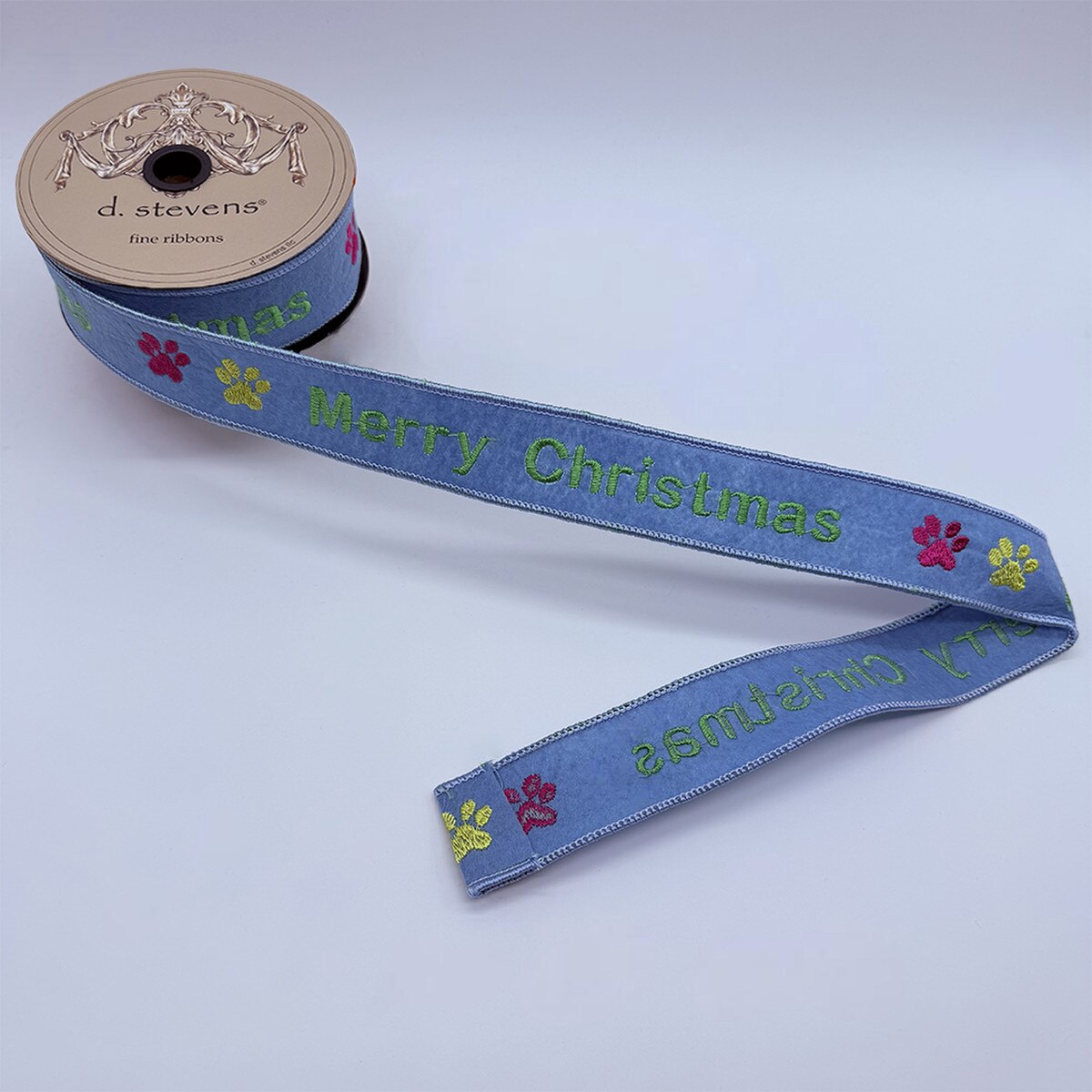 1.5” x 10yds felt embroidery merry christmas dog paw, blue