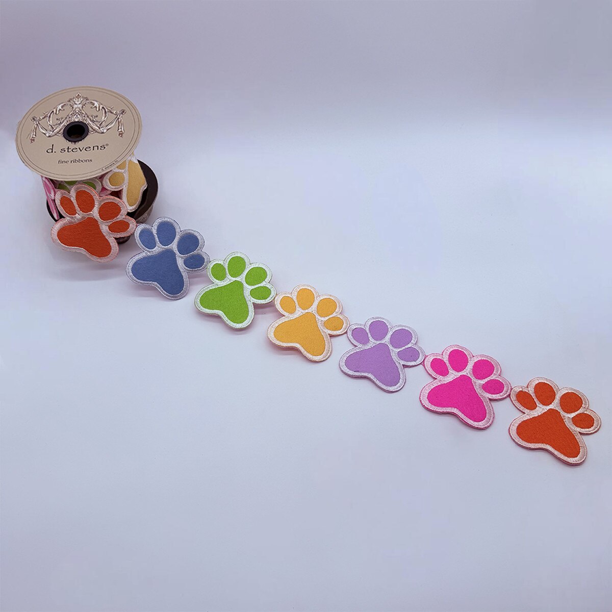 3” x 3yds felt embroidery dog paw garland, pink orange blue green