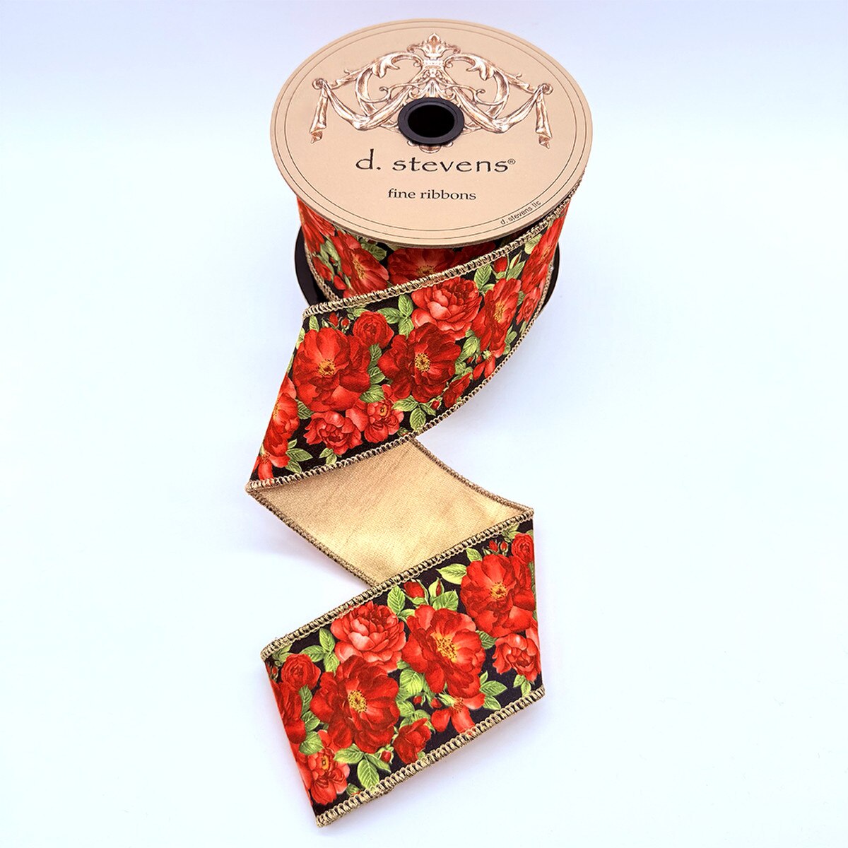 2.5“ x 10yds taffeta roses gold back, red black