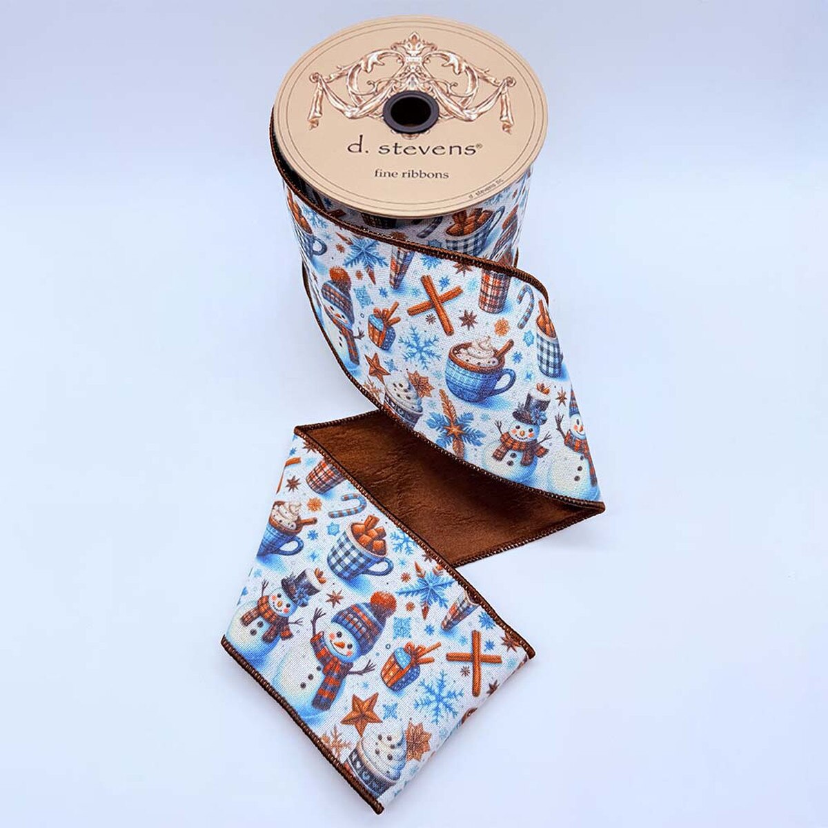 4” x 10yds taffeta coco and snowmen, blue white brown