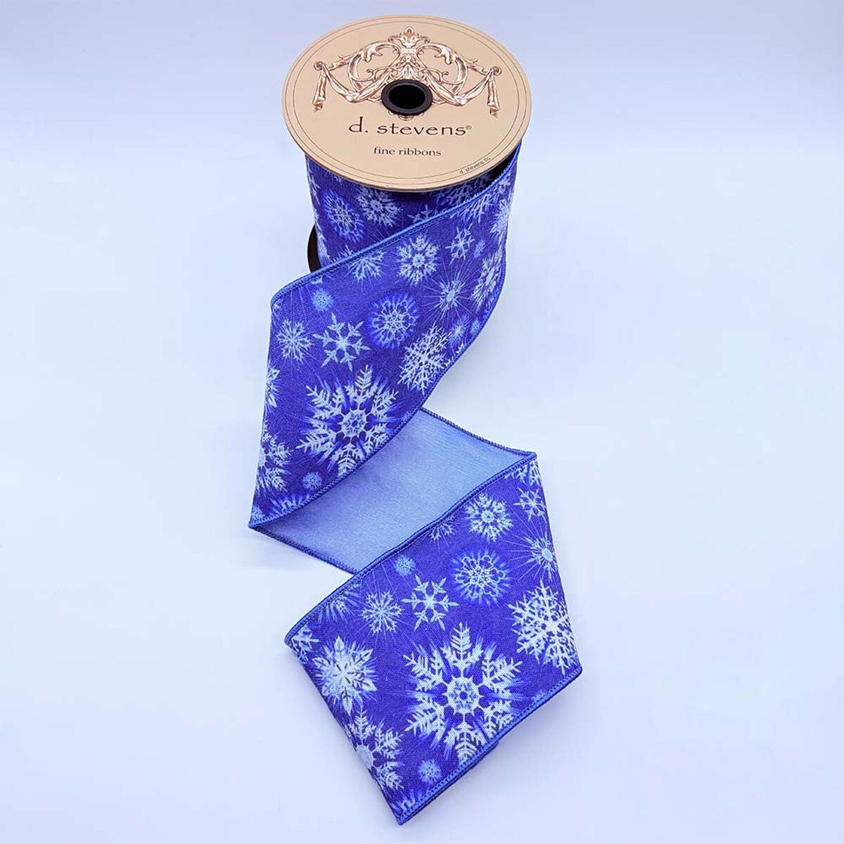 4” x 10yds taffeta assorted white snowflakes, blue