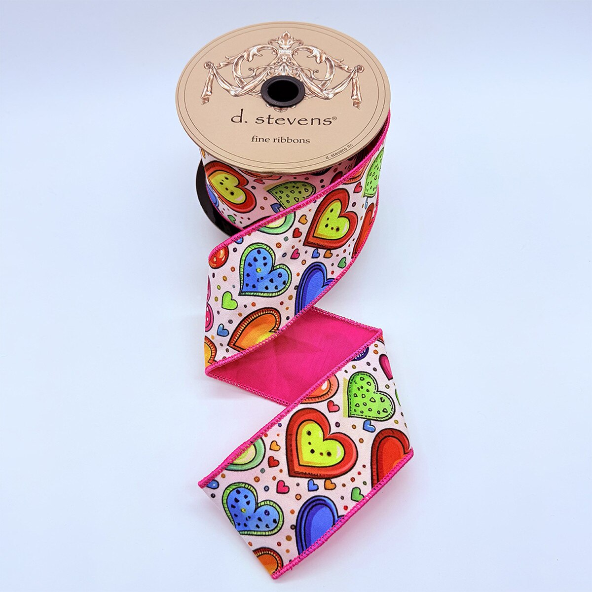 2.5” x 10yds taffeta colorful hearts pink backing, pink blue yellow