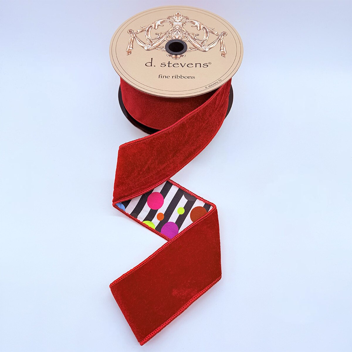 2.5” x 10yds velvet black white stripe colorful circle backing, red