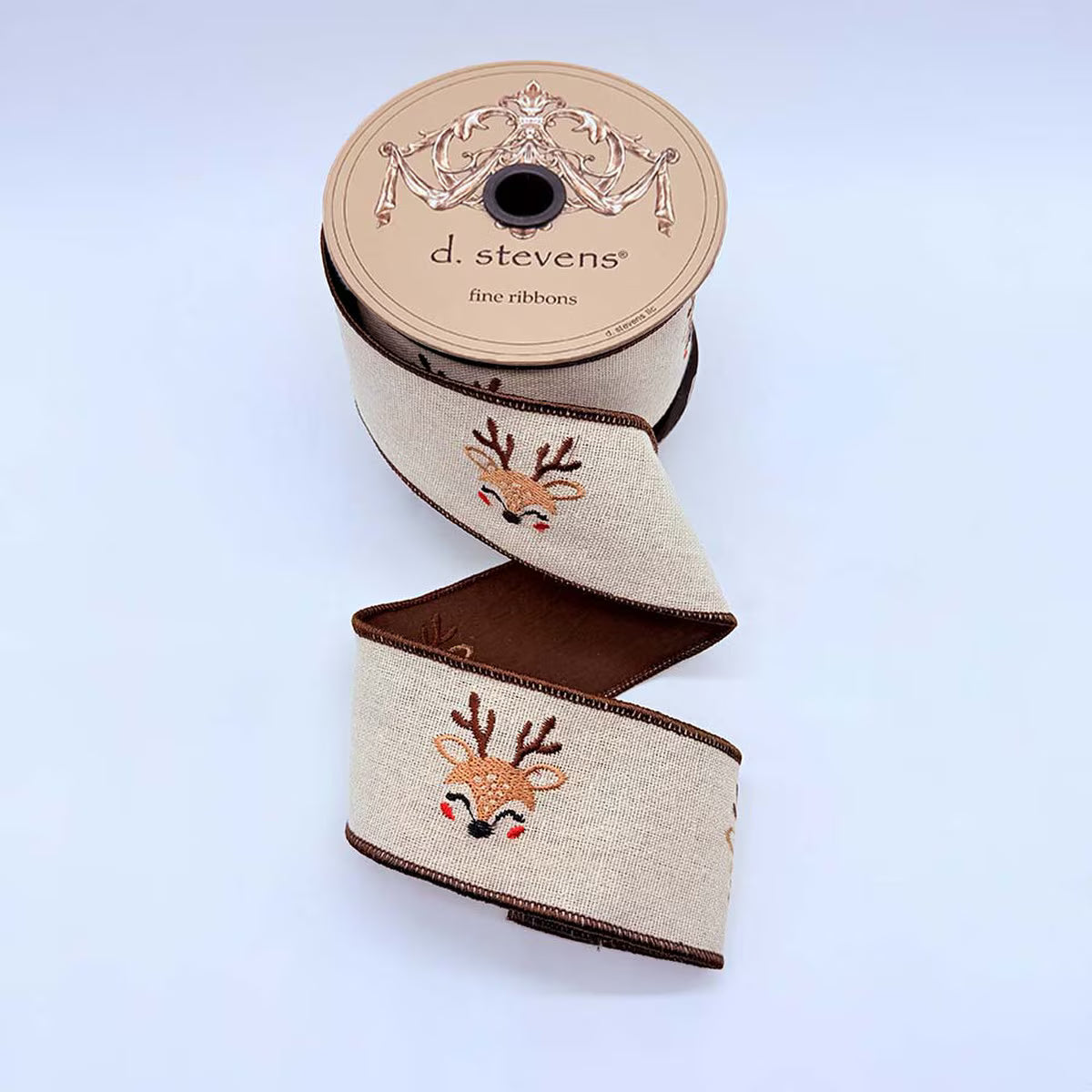2.5" x 10yds linen embroidery cheerful deer brown back, natural