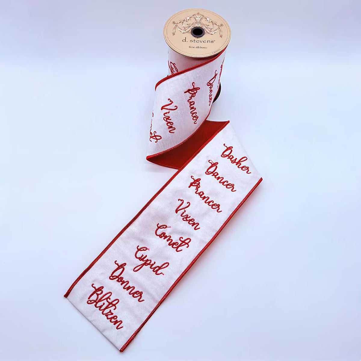 4" x 5yds satin embroidery reindeer names, red white