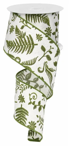 2.5"X10YD EMBROIDERED GREEN IVORY WIRED RIBBON - Burlap and Bling Decor