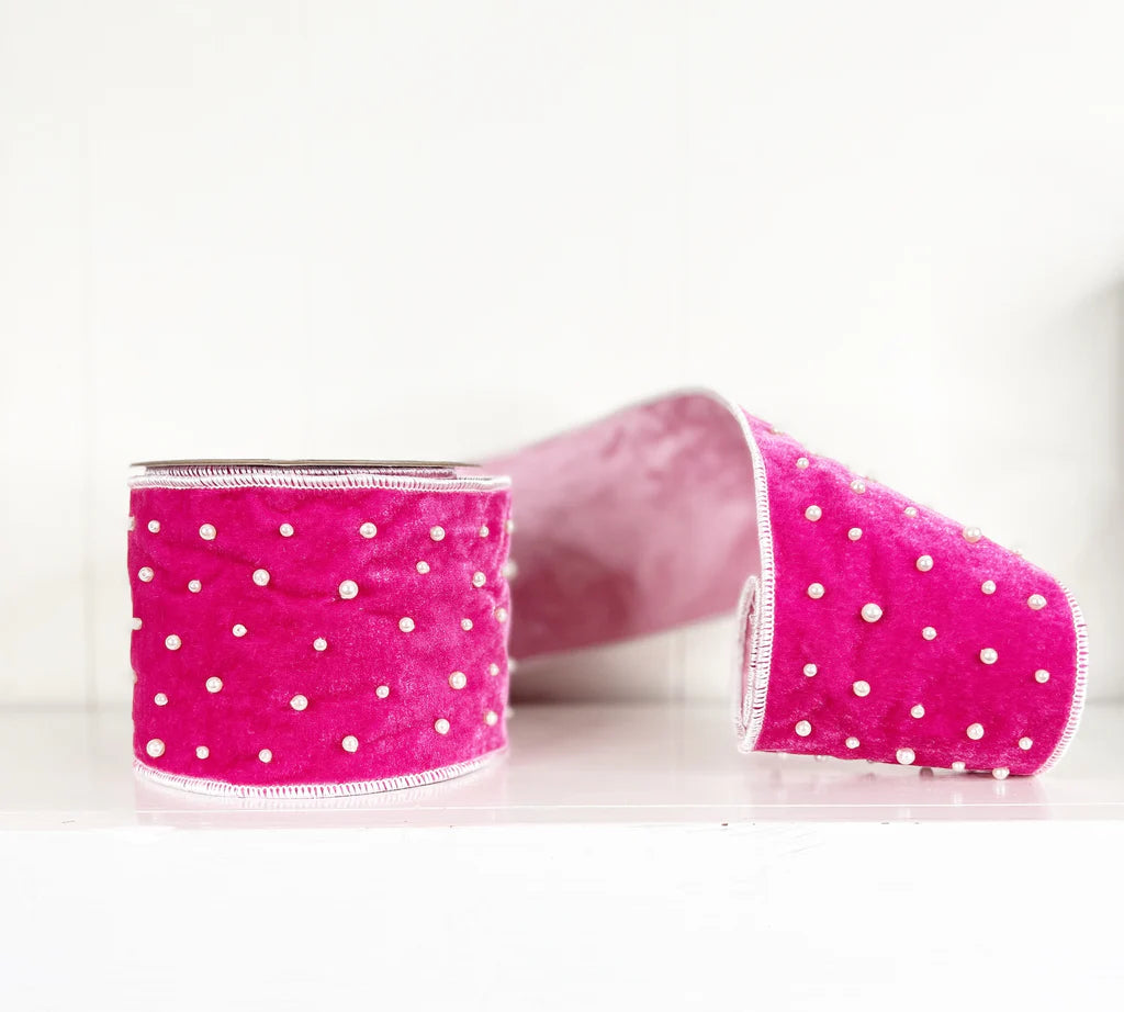 Hot Pink Velvet and Pearls Wired Ribbon-4"x5Y Wired Ribbon - Burlap and Bling Decor