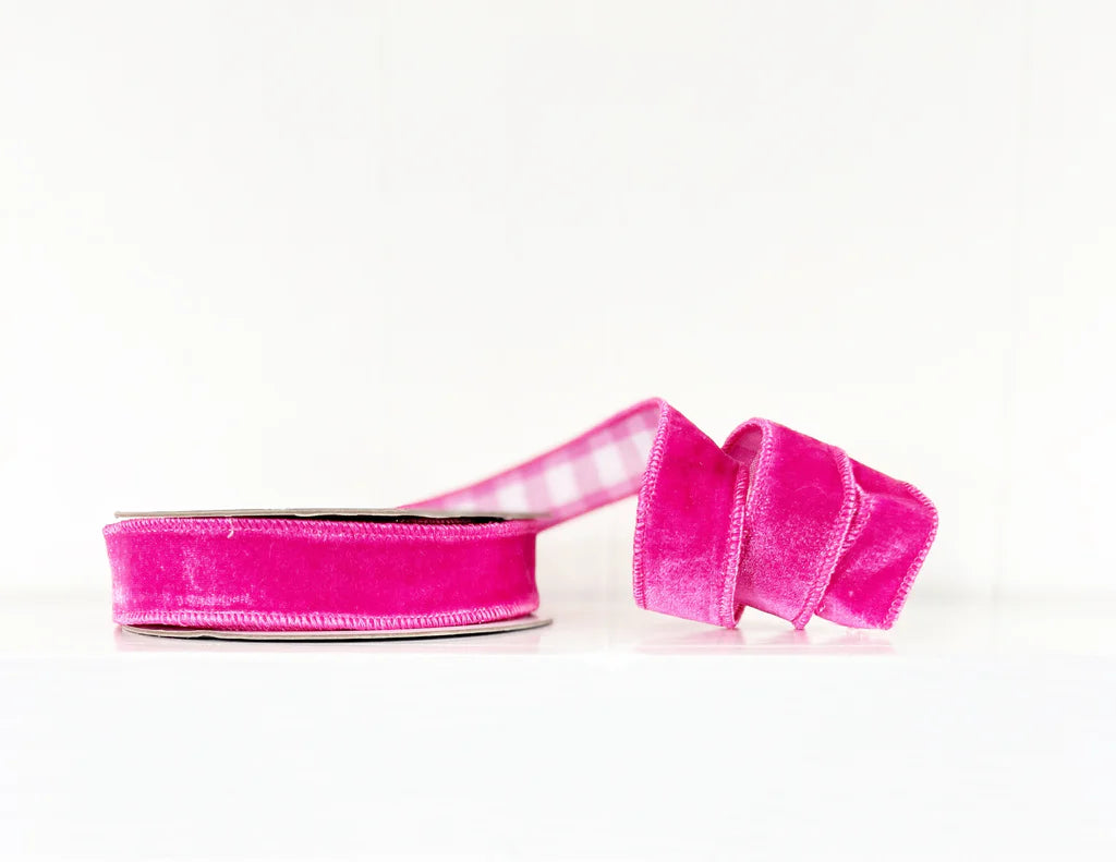 Hot Pink Velvet and Gingham 1"x10Y Wired Ribbon - Burlap and Bling Decor