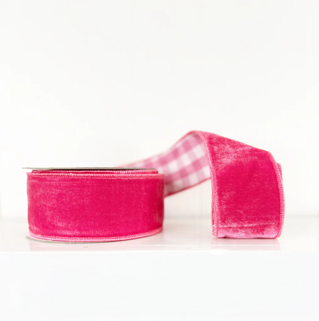 Hot Pink Velvet and Gingham 2.5"x10Y Wired Ribbon - Burlap and Bling Decor