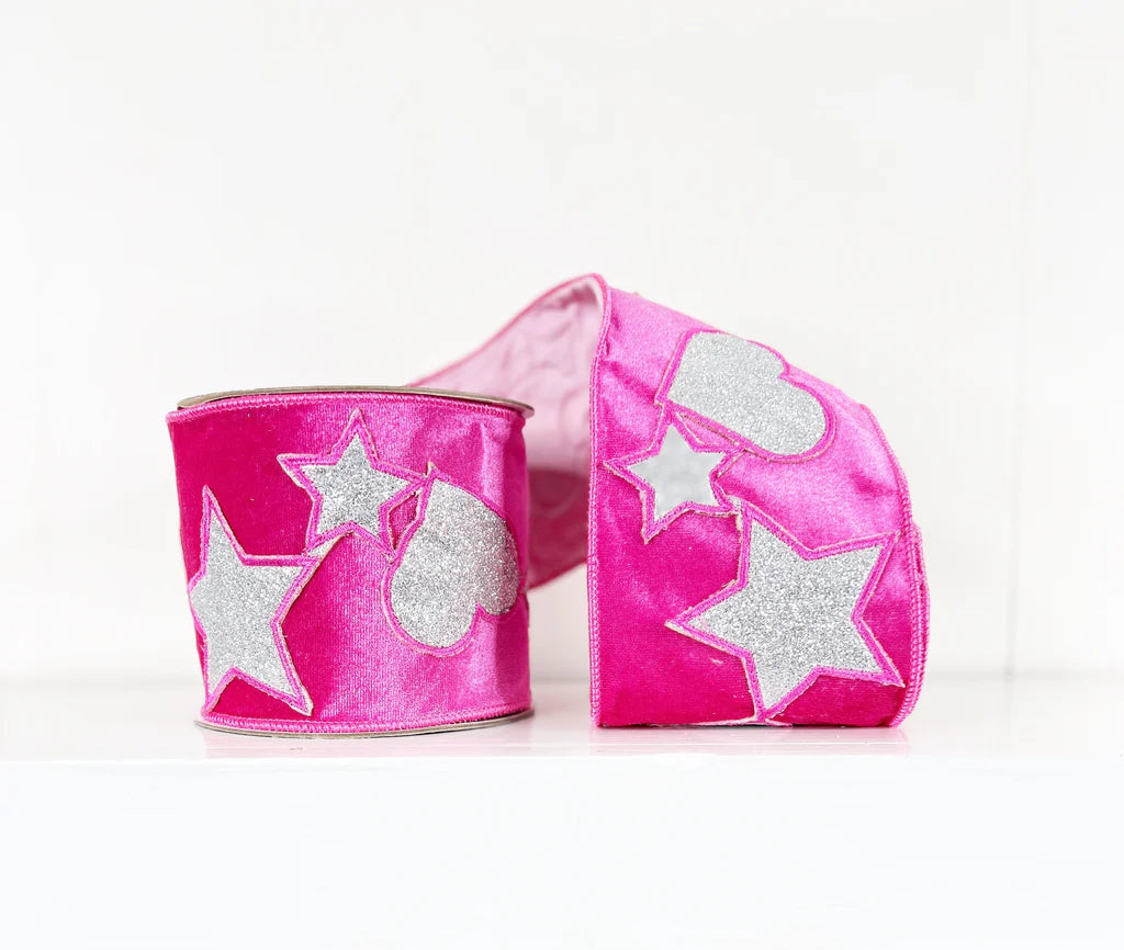 Hot Pink Velvet with Hearts and Stars -4"x5Y Wired Ribbon - Burlap and Bling Decor