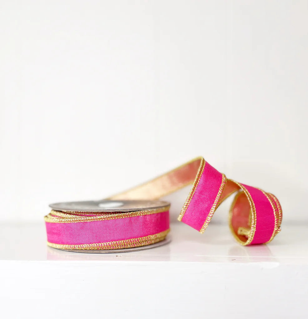 Pink and Gold 1"x10Y Wired Ribbon - Burlap and Bling Decor