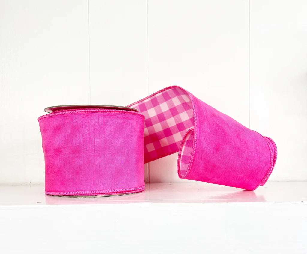 Hot Pink Dupion and Gingham 4"x10Y Wired Ribbon - Burlap and Bling Decor