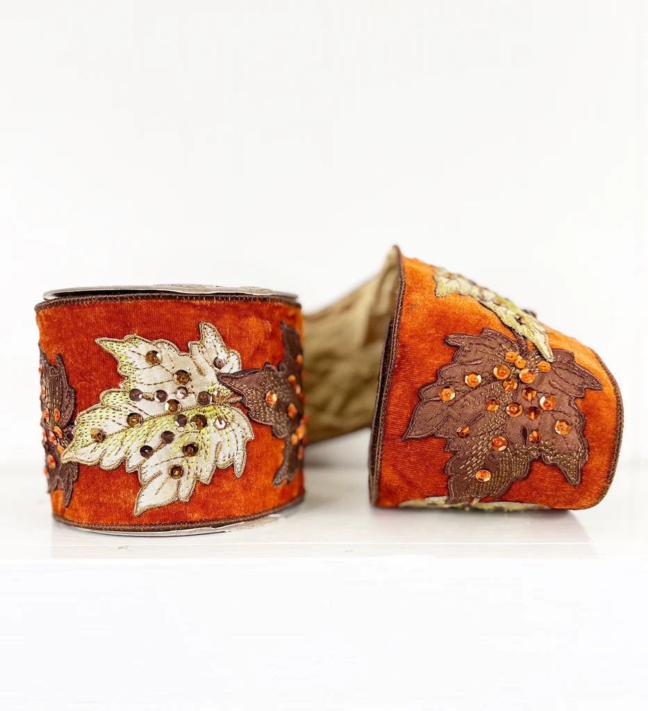 Fall Leaves 4"x5Yards Wired Ribbon - Burlap and Bling Decor