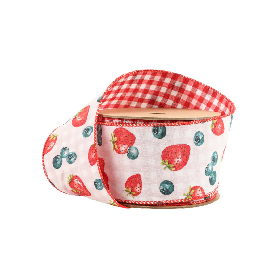 2 1/2" X 10YD Wired Ribbon Strawberry/Blueberries on White w/ Checked Back