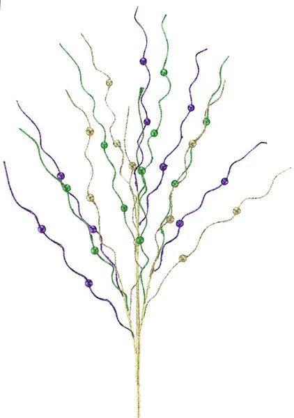 33"L GLITTER CURLY TWIG/BEAD SPRAY MARDI GRAS - Burlap and Bling Decor