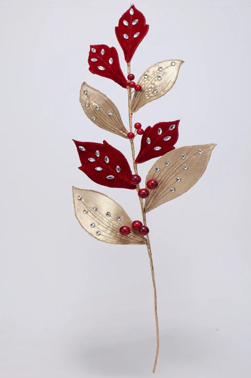 Floral Regal Red Velvet and Gold with Rhinestones Stem