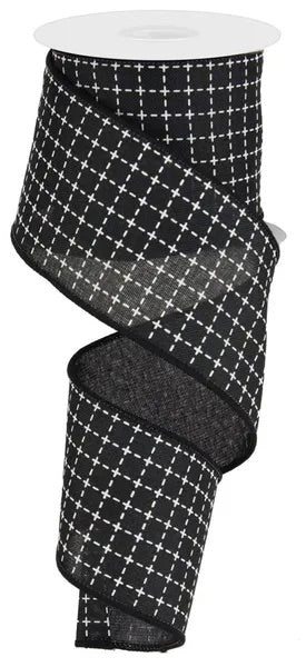 2.5"X10YDS RAISED STITCHED SQUARES/ROYAL BLACK/WHITE WIRED RIBBON - Burlap and Bling Decor