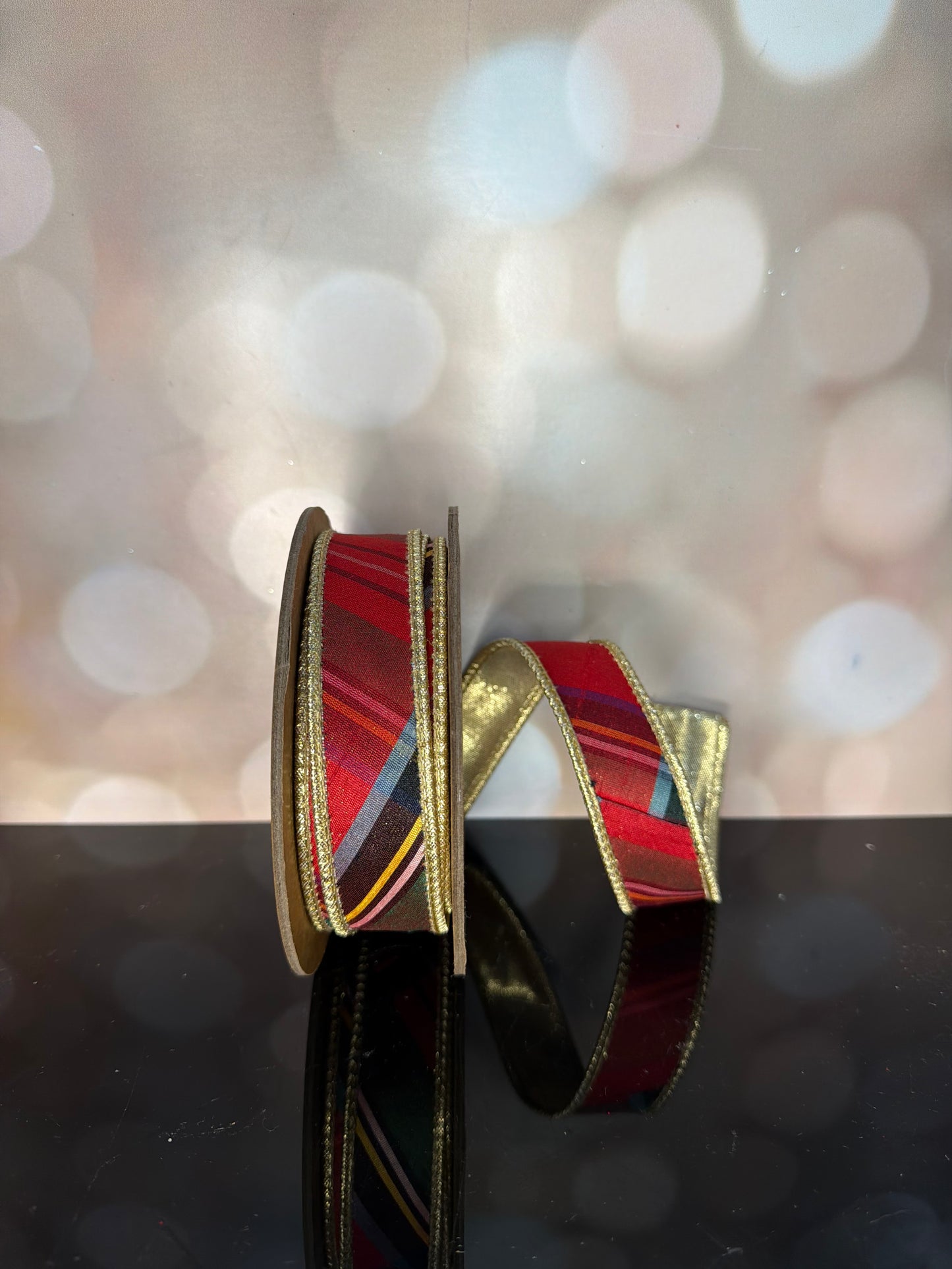 1" Wired Ribbon | Bold Christmas Plaid w/ Metallic Gold Backing | 10 Yard Roll