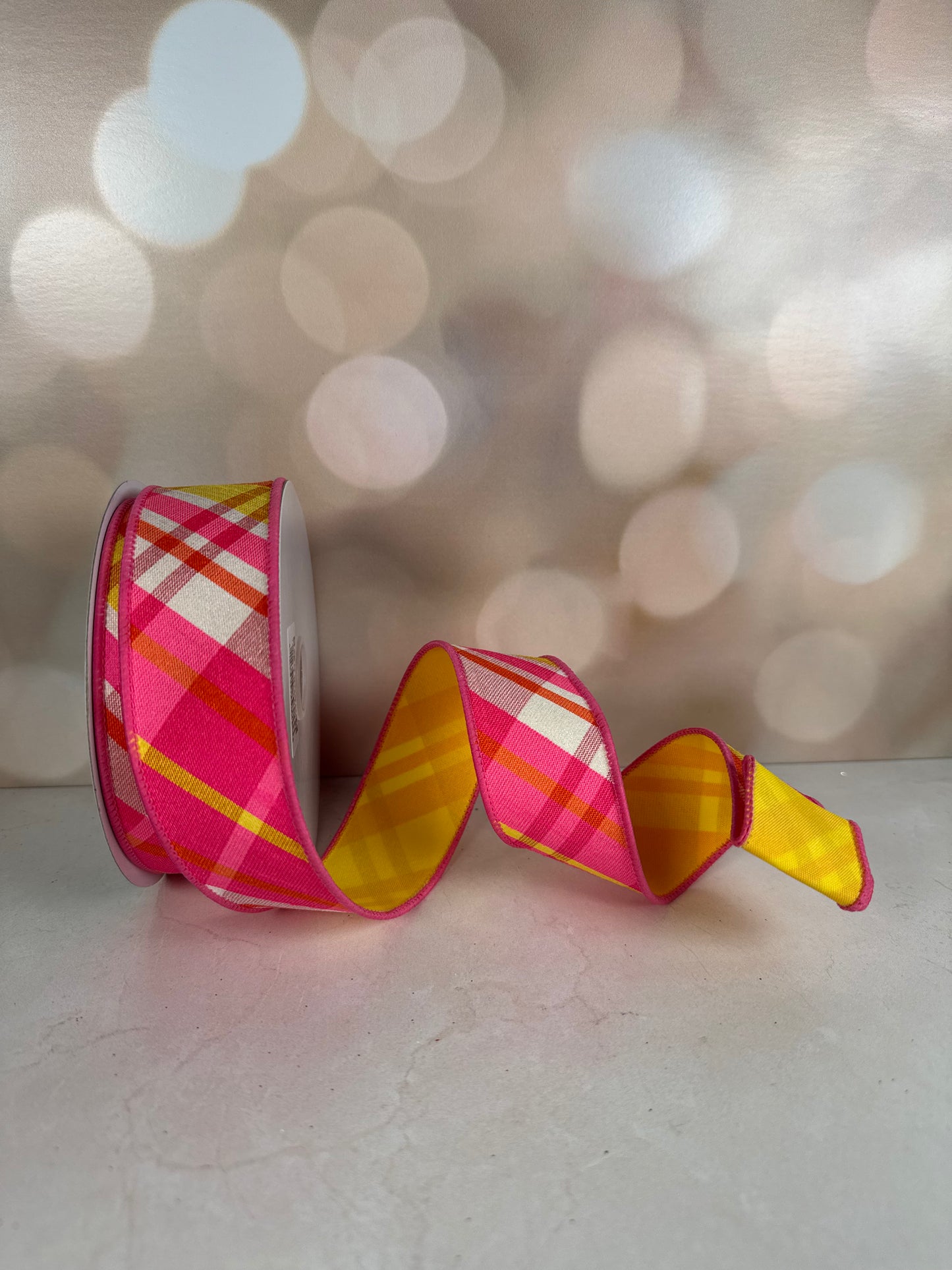 1.5"X10YD DIAGONAL PLAID/PG FUSED BACK HT PNK/ORNG/YLLW - Burlap and Bling Decor