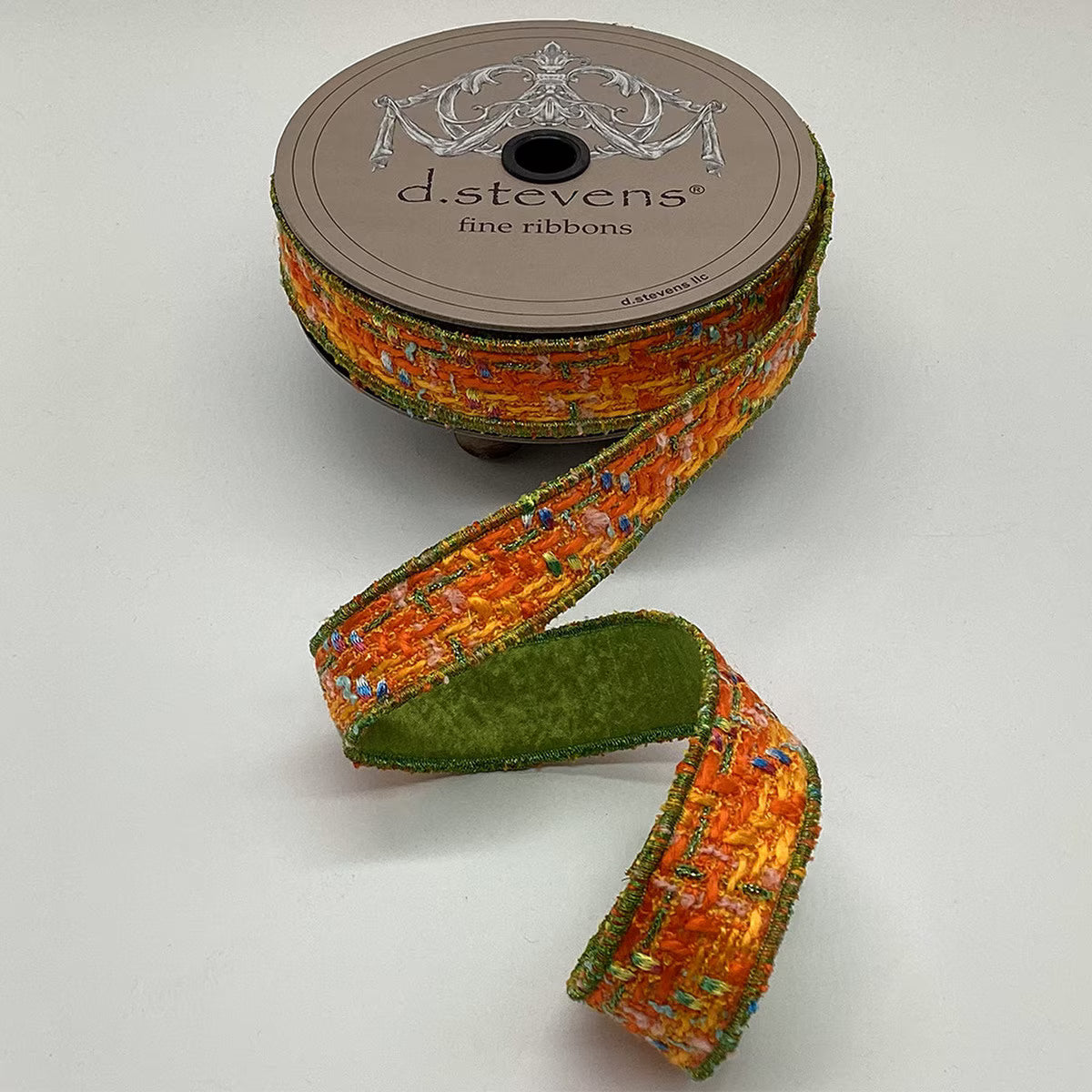 1” X 10YDS BOUCLE/DUPION BACK, ORANGE/GREEN/BLUE WIRED RIBBON - Burlap and Bling Decor