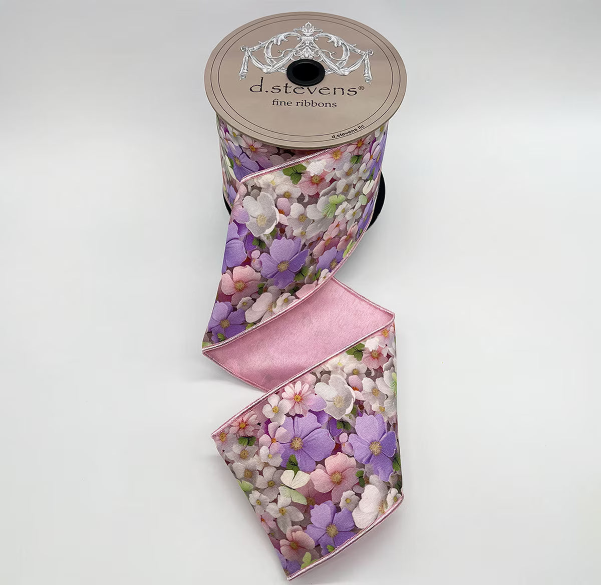 4“ X 10YDS TAFFETA COLLAGE COSMO FLOWERS, PINK LAVENDER IVORY NO TWO ALIKE WIRED RIBBON - Burlap and Bling Decor