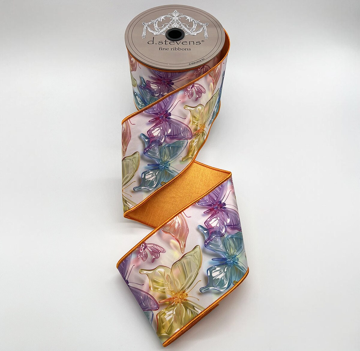 4” X 10YDS TAFFETA ACRYLIC MIX COLORFUL BUTTERFLIES, LAVENDER AQUA CORAL AMBER NO TWO ALIKE WIRED RIBBON - Burlap and Bling Decor