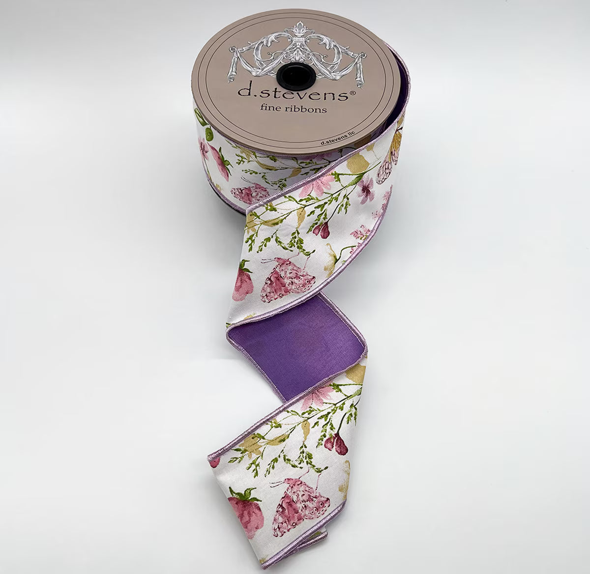 2.5“ X 10YDS TAFFETA SPRING FLORAL GARDEN BUTTERFLIES, GREEN LAVENDER BLUE NO TWO ALIKE WIRED RIBBON - Burlap and Bling Decor