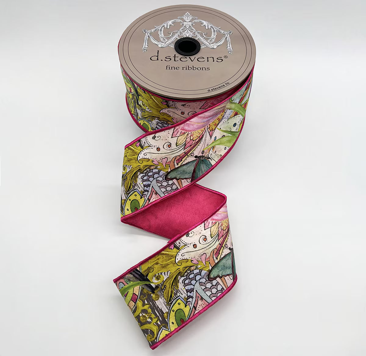 2.5” X 10YDS TAFFETA COLLAGE FLORAL BUTTERFLY BIRD HOT PINK BACK, LIME AQUA BLUE NO 2 ALIKE WIRED RIBBON - Burlap and Bling Decor