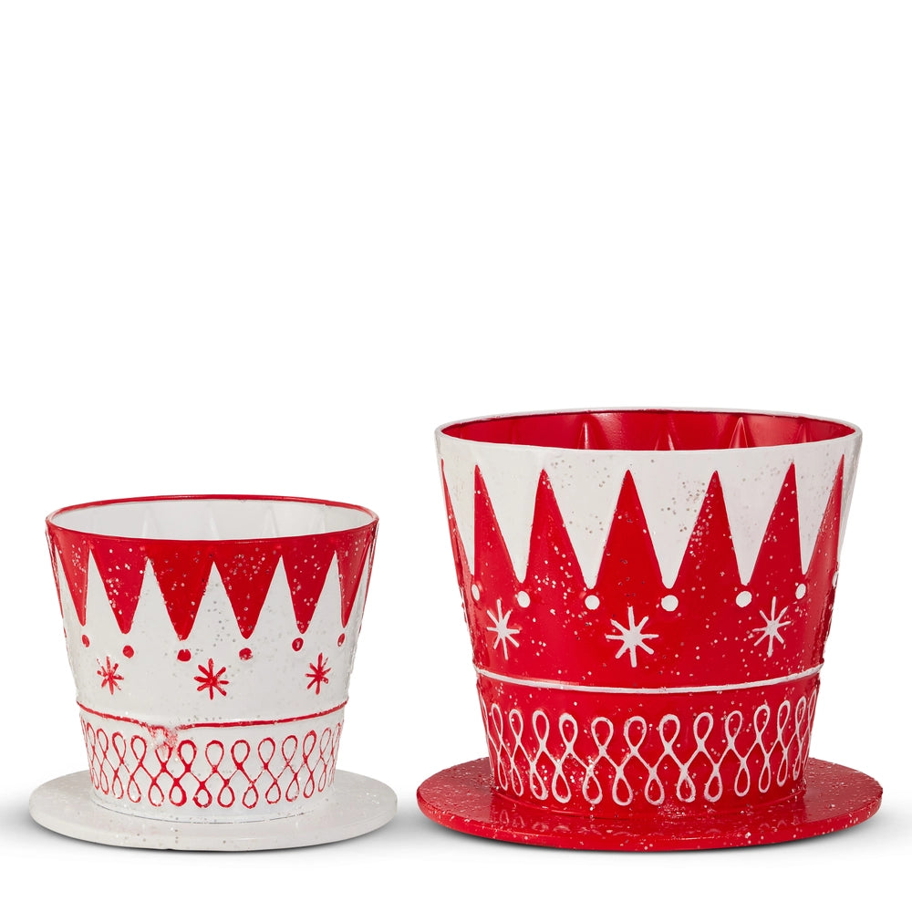 9" Red and White Top Hat Containers Set of 2 Metal