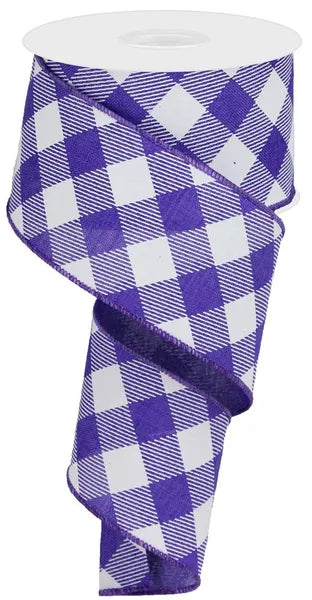 2.5"X10YD DIAGONAL CHECK ON ROYAL PURPLE/WHITE WIRED RIBBON - Burlap and Bling Decor