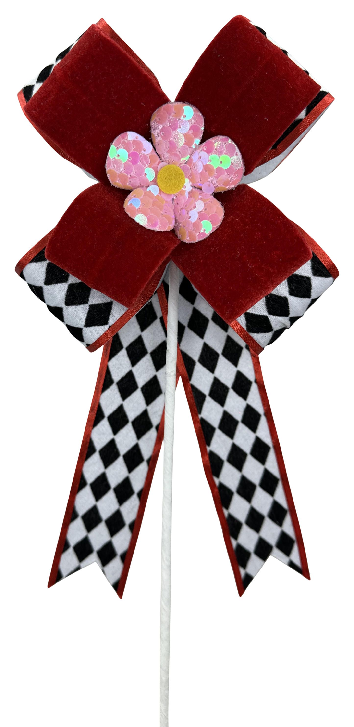 Harlequin Red Daisy Bow Pick 18x6 - Burlap and Bling Decor