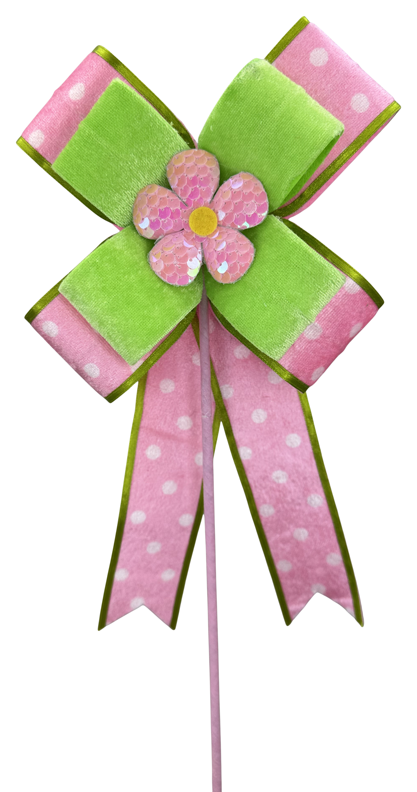 Polkadot Pink/Green Daisy Bow Pick18x6 - Burlap and Bling Decor