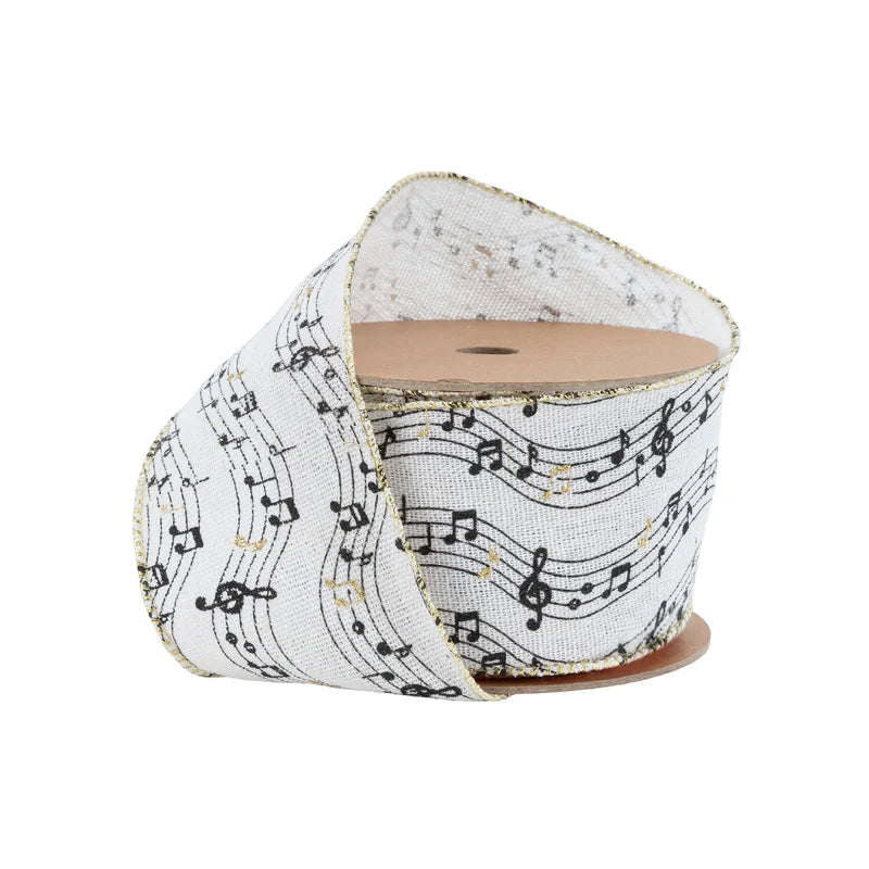 2.5" X10YDS SPOOL MUSICAL NOTES ON WHITE WIRED RIBBON