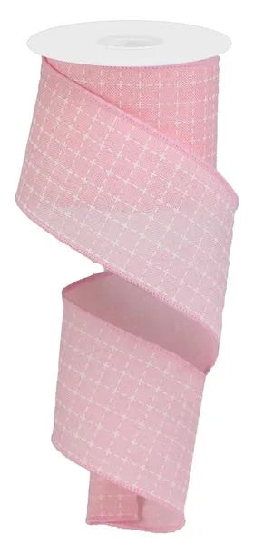 2.5"X10YDS RAISED STITCHED SQUARES/ROYAL PALE PINK/WHITE WIRED RIBBON - Burlap and Bling Decor