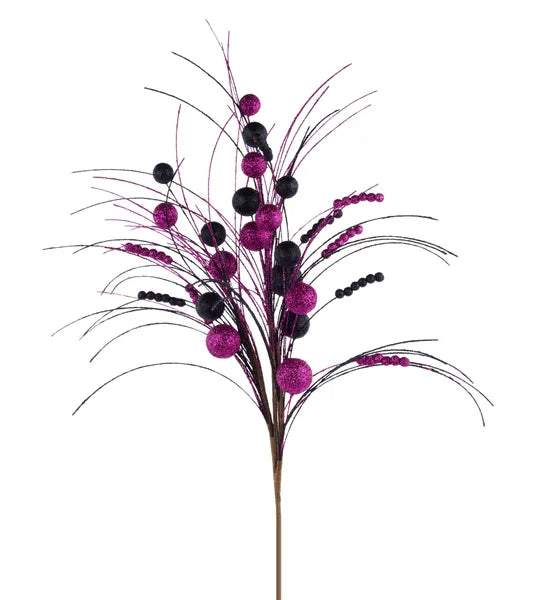 35"L BALL BEAD SPIKE SPRAY FUCHSIA/BLACK - Burlap and Bling Decor