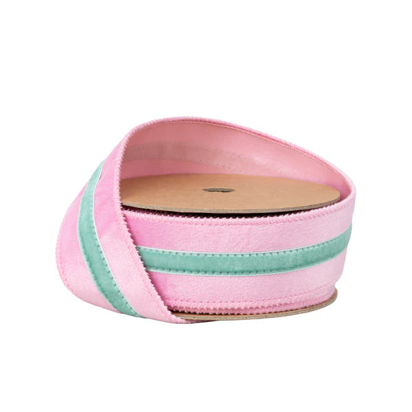 1.5" X 10 Yrds Velvet w/ Trim |Pink w/ Blue Trim Wired Ribbon - Burlap and Bling Decor