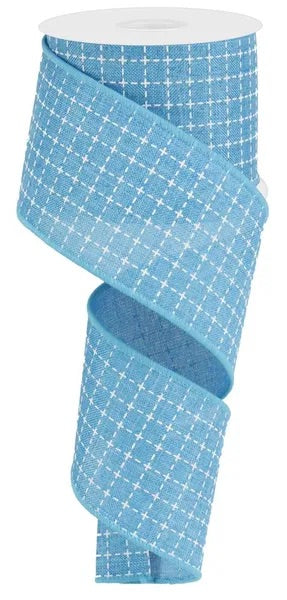 2.5"X10YDS RAISED STITCHED SQUARES/ROYAL TURQUOISE/WHITE WIRED RIBBON - Burlap and Bling Decor