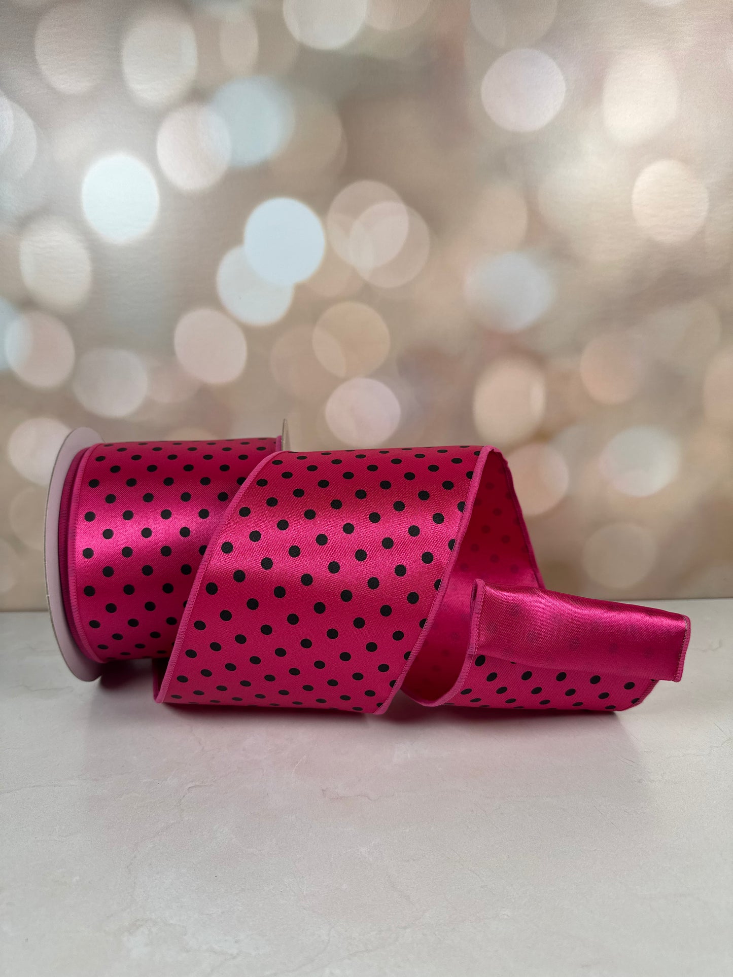 4"X10YD SMALL POLKA DOT/FUSED HOT PINK/BLACK - Burlap and Bling Decor