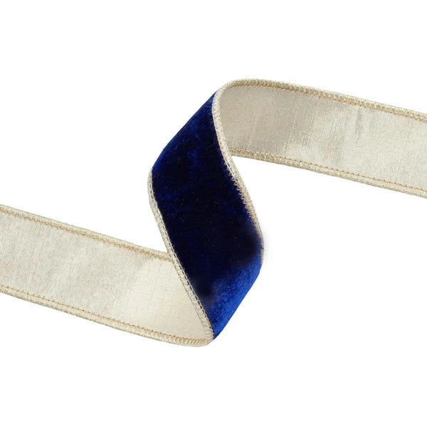1.5" X10YDS PREMIUM VELVET ROYAL BLUE W/ GOLD DUPIONI-FUSED BACKING WIRED RIBBON