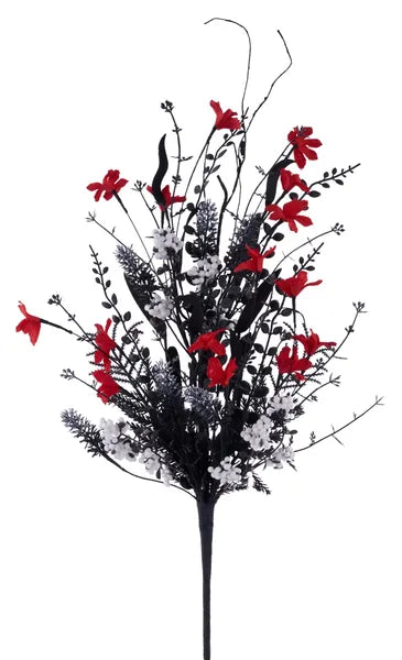 24" FLOWER FILLER SPRAY LEAF/BEADS RED/WHITE/BLACK - Burlap and Bling Decor