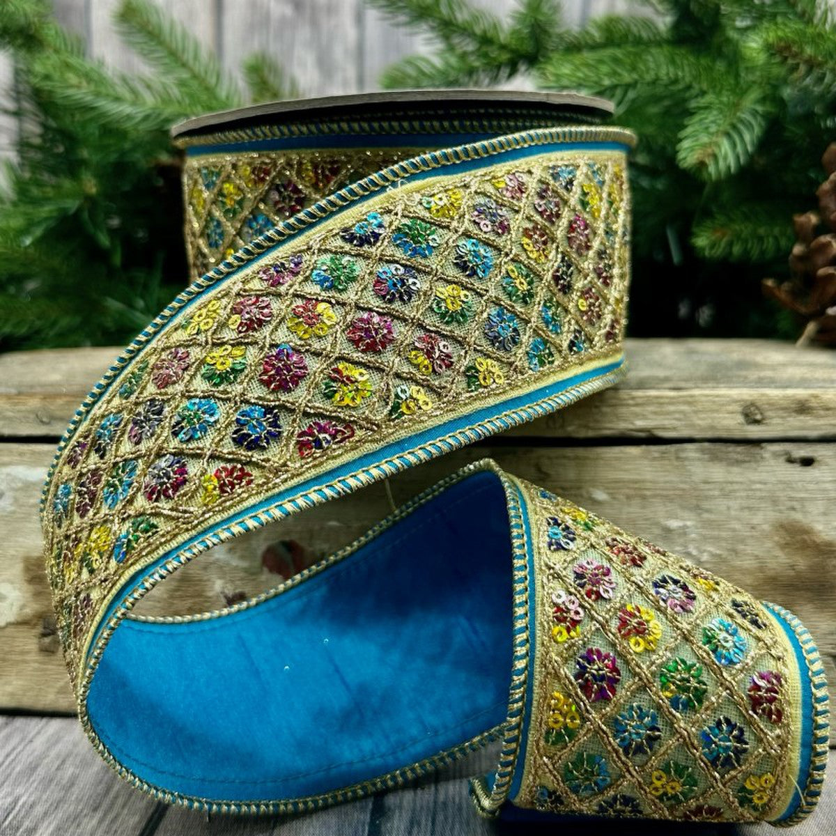 2.5" x 10yds dupion multi color sequin diamond center trim, turquoise blue - Burlap and Bling Decor