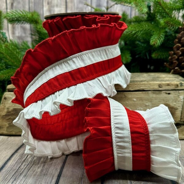4” X 5YDS DUPION RUFFLE, RED WHITE WIRED RIBBON - Burlap and Bling Decor