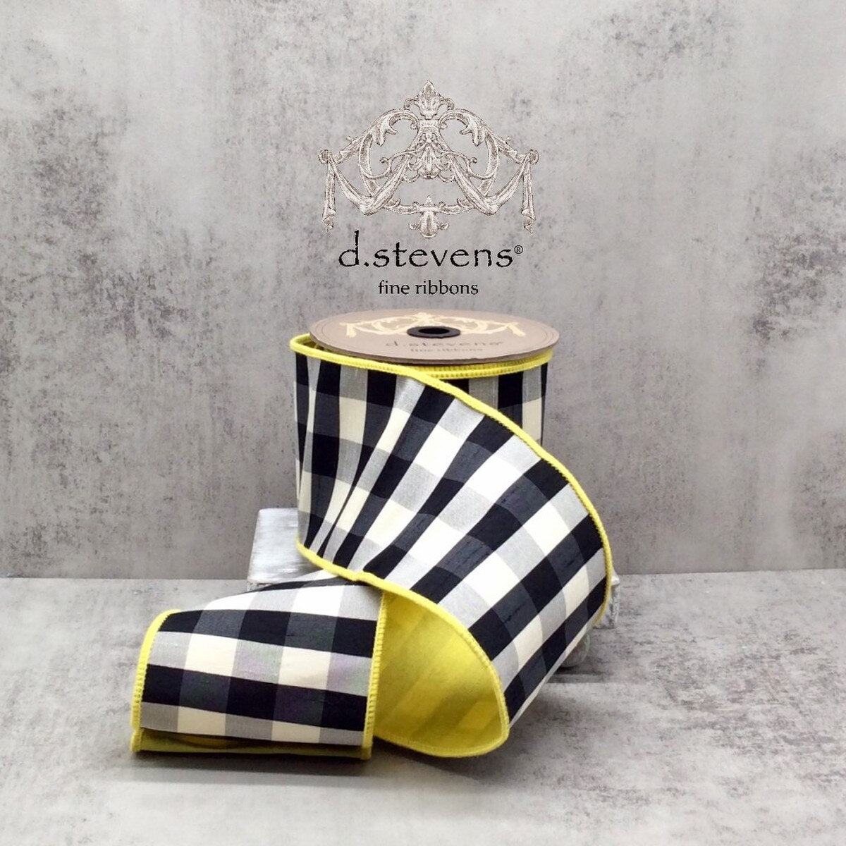 4” X 10YDS FAUX DUPION CHECK YELLOW BACK, BLACK-WHITE WIRED RIBBON - Burlap and Bling Decor