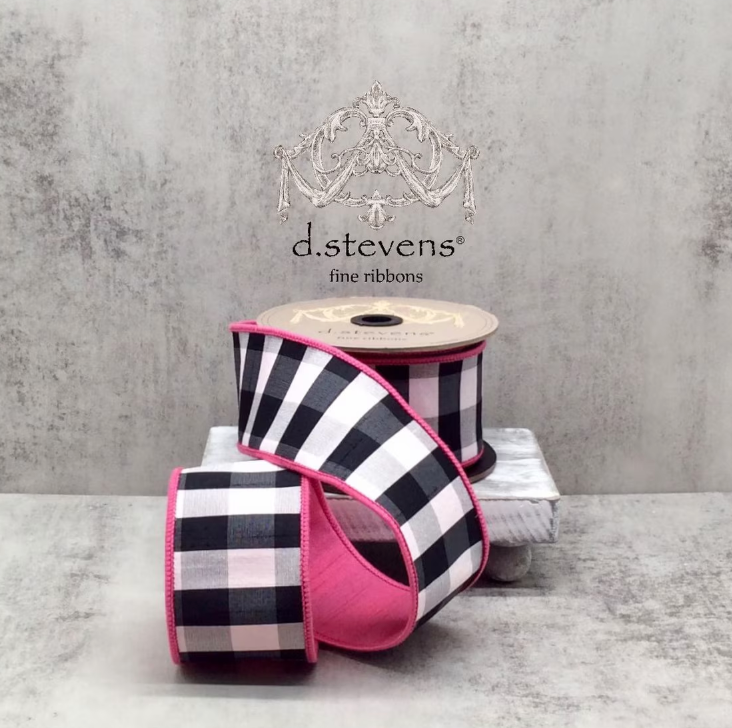 2.5" x 10yds faux dupion check hot pink back, black-white - Burlap and Bling Decor