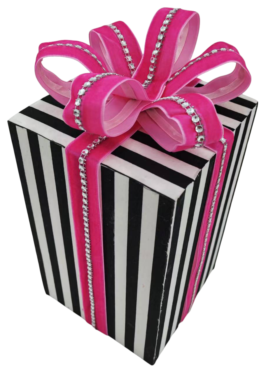 Gift Box Black/White Strip with Pink Bow H9.5xW5