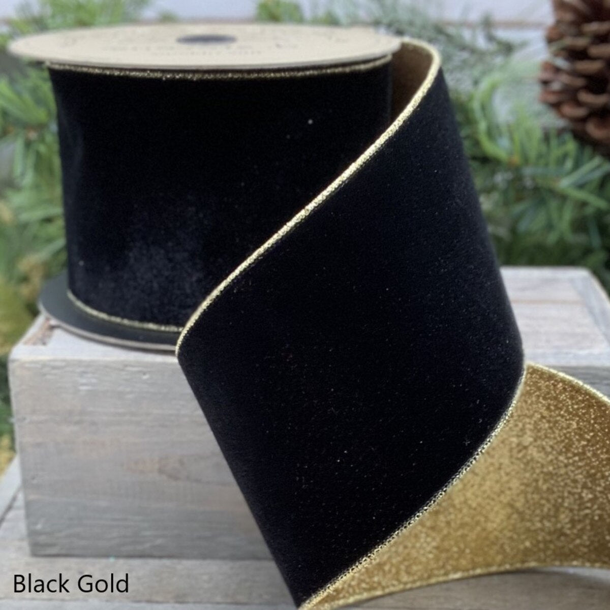 4" x 10 yds velvet, gold glitter back, black