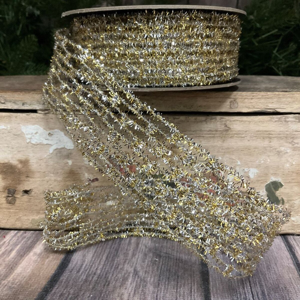 1.5” x 10yds metallic diamond stretch tinsel, gold silver - Burlap and Bling Decor